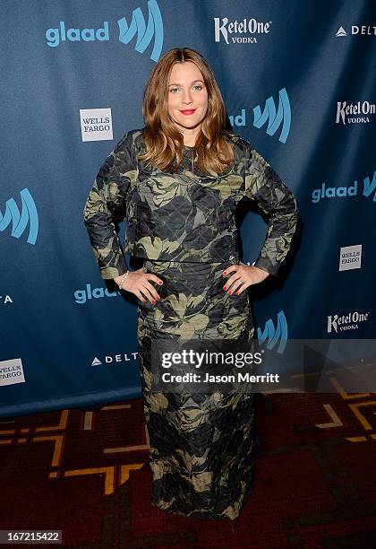 Actress Drew Barrymore attends the 24th Annual GLAAD Media Awards at JW Marriott Los Angeles at L.A. LIVE on April 20, 2013 in Los Angeles,...