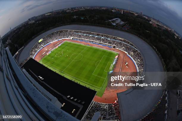 General view of the stadium during play during the UEFA EURO 2024 European qualifier match between Finland and Denmark at Helsinki Olympic Stadium on...