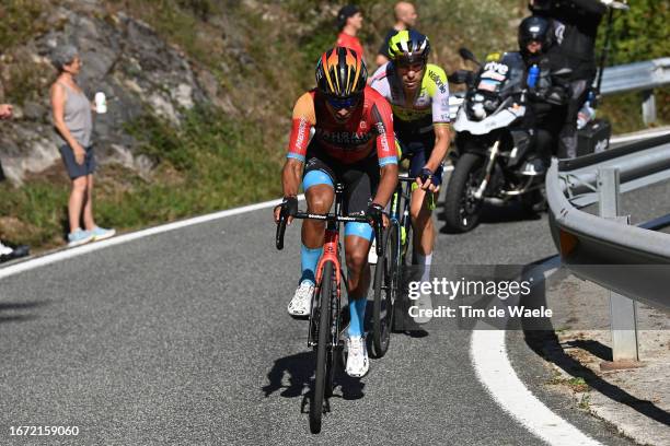 Santiago Buitrago Sanchez of Colombia and Team Bahrain - Victorious and Rui Costa of Portugal and Team Intermarché - Circus - Wanty compete in the...