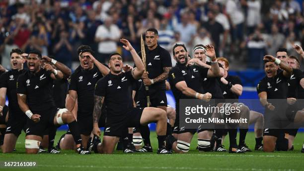 New Zealand perform the haka ahead of the Rugby World Cup France 2023 match between France and New Zealand at Stade de France on September 08, 2023...