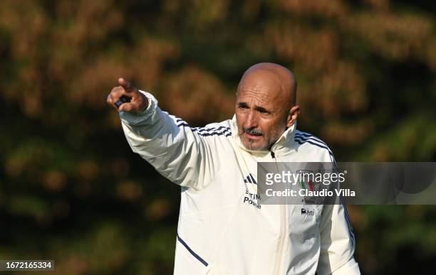 Head coach Italy Luciano Spalletti reacts during a Italy training session at Milanello on September 10, 2023 in Cairate, Italy.