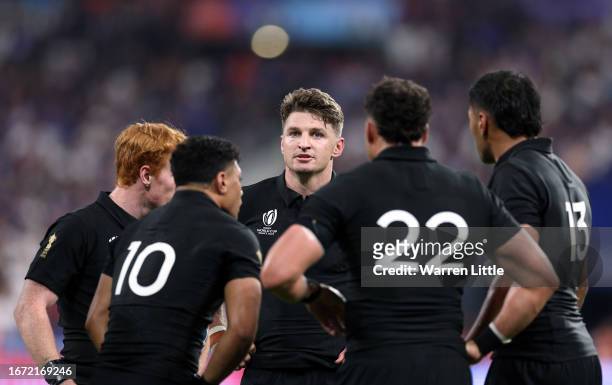 Beauden Barrett of New Zealand looks on after France scores a try during the Rugby World Cup France 2023 match between France and New Zealand at...