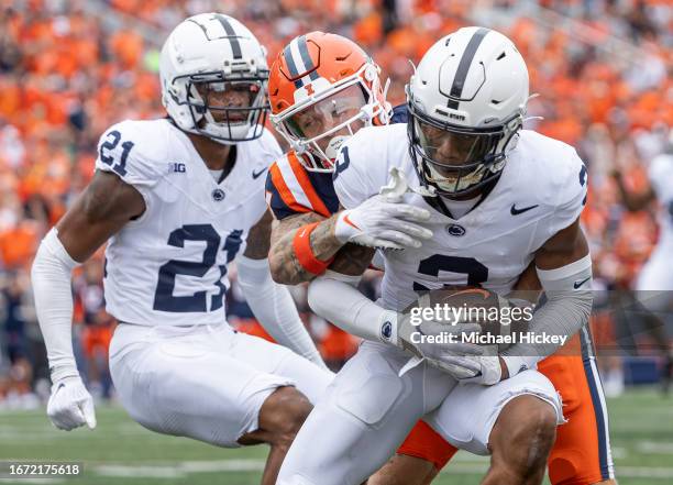 Johnny Dixon of the Penn State Nittany Lions runs the ball after an interception during the game against the Illinois Fighting Illini at Memorial...