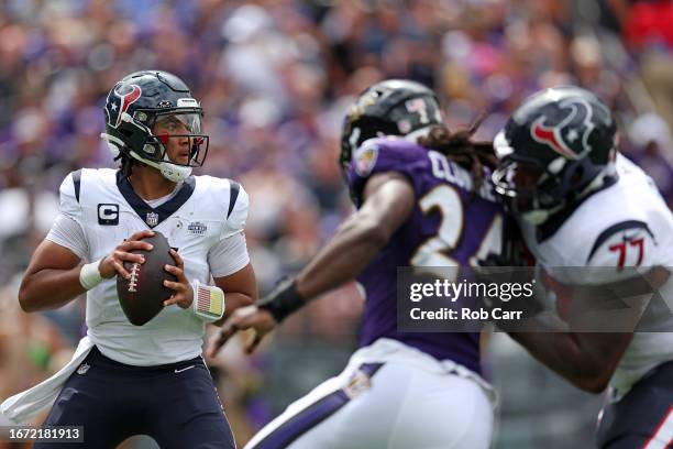 Stroud of the Houston Texans looks to pass against the Baltimore Ravens during the first half at M&T Bank Stadium on September 10, 2023 in Baltimore,...