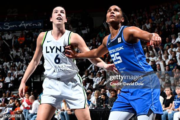 Bridget Carleton of the Minnesota Lynx and Alyssa Thomas of the Connecticut Sun look on during the game on September 17, 2023 at the Mohegan Sun...