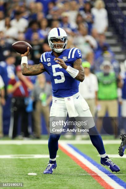 Anthony Richardson of the Indianapolis Colts throws a pass in the first quarter against the Jacksonville Jaguars at Lucas Oil Stadium on September...