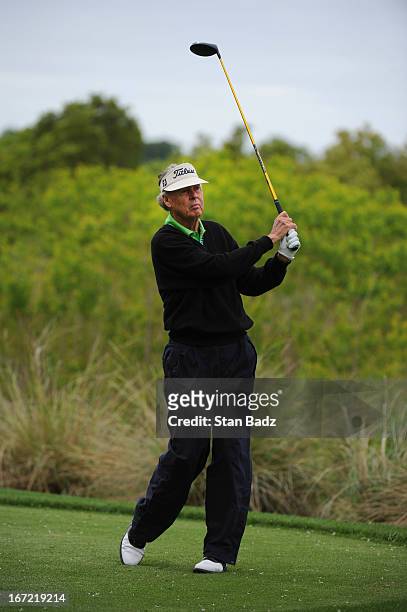 Dale Douglas hits a drive on the fourth hole during the first round of the Demaret Division at the Liberty Mutual Insurance Legends of Golf at The...