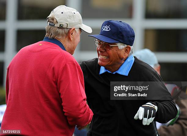 Jack Nicklaus and Lee Trevino laugh together on the first hole during the first round of the Demaret Division at the Liberty Mutual Insurance Legends...