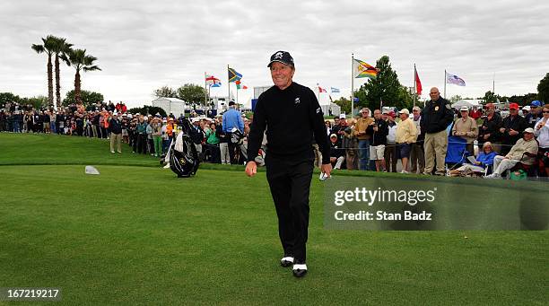 Gary Player walks to the first hole during the first round of the Demaret Division at the Liberty Mutual Insurance Legends of Golf at The Westin...