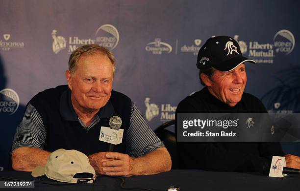 Jack Nicklaus and Gary Player address the media after playing the first round of the Demaret Division at the Liberty Mutual Insurance Legends of Golf...