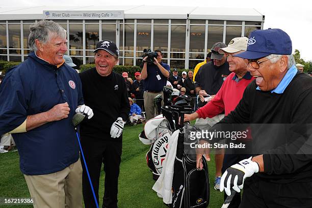 Mike Hill, Gary Player, Jack Nicklaus, and Lee Trevino all laugh together on the first hole during the first round of the Demaret Division at the...