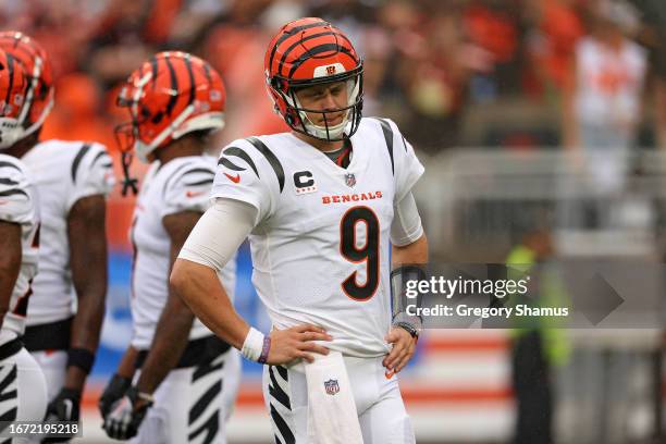 Joe Burrow of the Cincinnati Bengals reacts during the first half against the Cleveland Browns at Cleveland Browns Stadium on September 10, 2023 in...