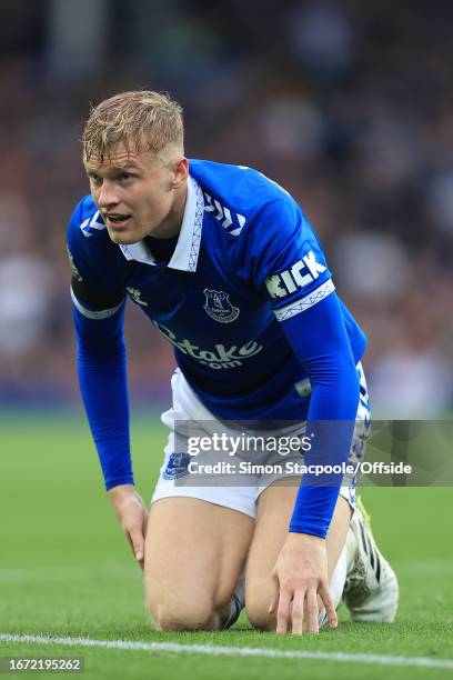 Jarrad Branthwaite of Everton looks dejected during the Premier League match between Everton FC and Arsenal FC at Goodison Park on September 17, 2023...