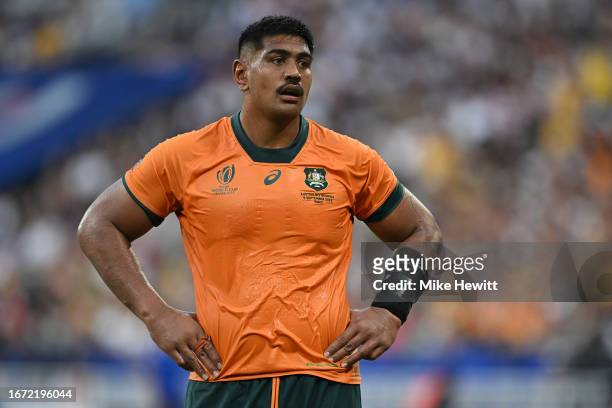 Will Skelton of Australia looks on during the Rugby World Cup France 2023 match between Australia and Georgia at Stade de France on September 09,...
