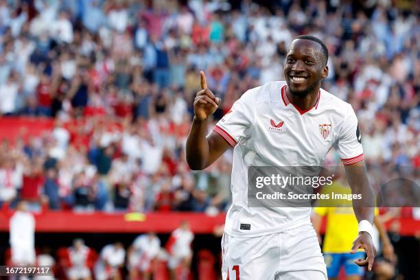 Dodi Lukebakio of Sevilla FC celebrates 1-0 during the LaLiga EA Sports match between Sevilla v Las Palmas at the Estadio Ramon Sanchez Pizjuan on...