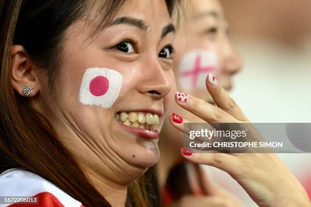 Japanese supporter reacts prior to the France 2023 Rugby World Cup Pool D match between England and Japan at Stade de Nice in Nice, southern France...