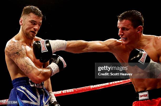 Nathan Cleverly in action against Robin Krasniqi during the WBO World Light-Heavyweight Championship bout at Wembley Arena on April 20, 2013 in...