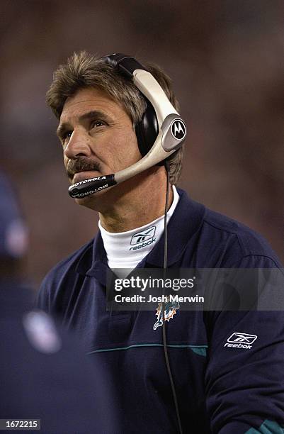 Head coach Dave Wannstedt the Miami Dolphins on the sidelines during a game against the Denver Broncos on October 13, 2002 at INVESCO Field at Mile...