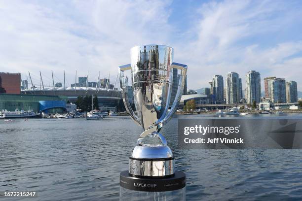 The Laver Cup Trophy is seen in front of Rogers Arena and BC Place in False Creek on September 16, 2023 in Vancouver, British Columbia, Canada.