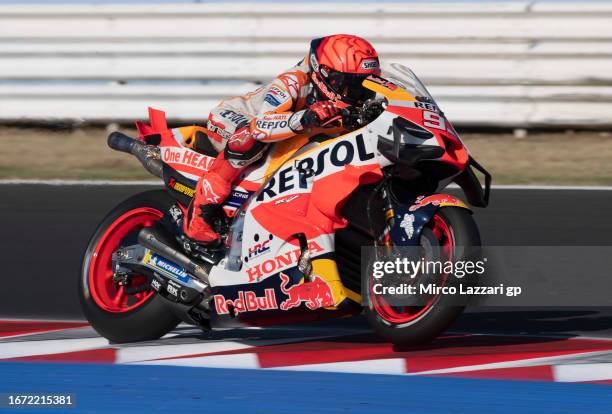 Marc Marquez of Spain and Repsol Honda Team heads down a straight during the MotoGP Of San Marino - Race at Misano World Circuit on September 10,...