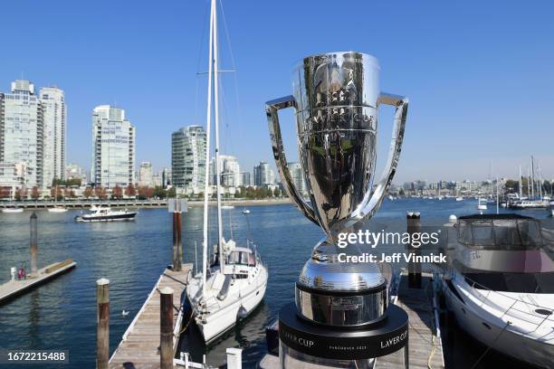 The Laver Cup Trophy is seen in front of a marina in False Creek on September 16, 2023 in Vancouver, British Columbia, Canada.