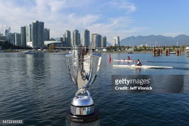 The Laver Cup Trophy is seen in front of Rogers Arena and BC Place in False Creek on September 16, 2023 in Vancouver, British Columbia, Canada.