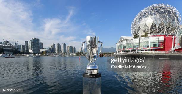 The Laver Cup Trophy is seen in front of Science World and Rogers Arena in False Creek on September 16, 2023 in Vancouver, British Columbia, Canada.