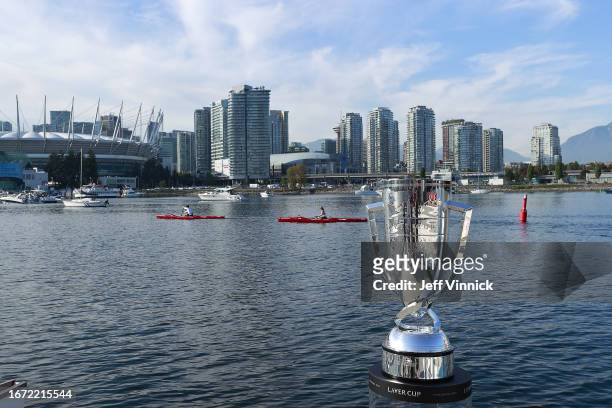 The Laver Cup Trophy is seen in front of Rogers Arena and BC Place in False Creek on September 16, 2023 in Vancouver, British Columbia, Canada.