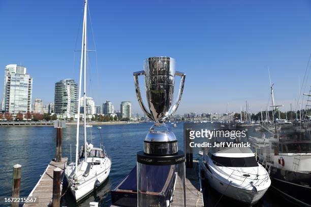 The Laver Cup Trophy is seen in front of a marina in False Creek on September 16, 2023 in Vancouver, British Columbia, Canada.