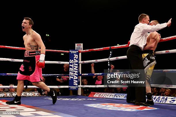 Mitchell Smith celebrates his victory over Gavin Reid during their Super Featherweight bout at Wembley Arena on April 20, 2013 in London, England.