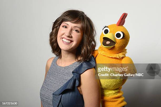 Actress Kelly Vrooman and Chica the Chicken pose for a portrait at the NBC Universal Summer 2013 Press Day at Langham Hotel on April 22, 2013 in...