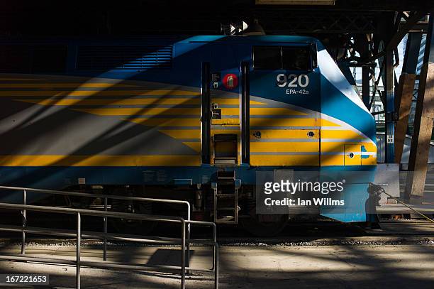 Rail train engine sits idle at Union Station, the heart of VIA Rail travel, on April 22, 2013 in Toronto, Ontario, Canada. The Royal Canadian Mounted...