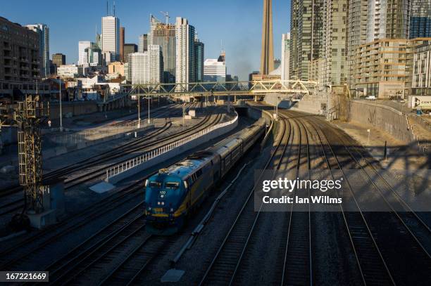 Rail train leaves Union Station, the heart of VIA Rail travel, bound for Windsor on April 22, 2013 in Toronto, Ontario, Canada. The Royal Canadian...