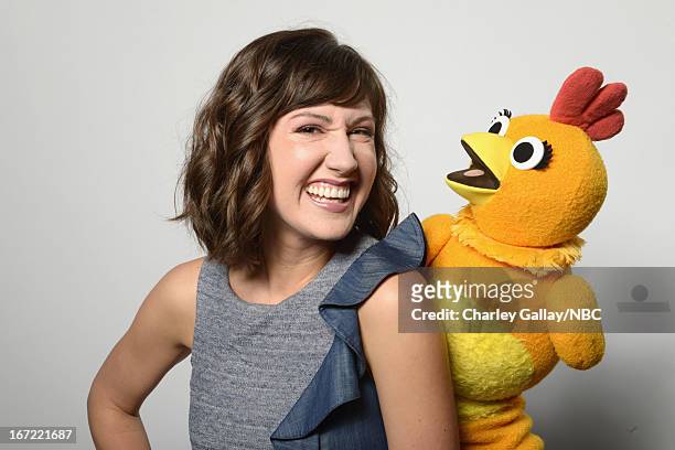 Actress Kelly Vrooman and Chica the Chicken pose for a portrait at the NBC Universal Summer 2013 Press Day at Langham Hotel on April 22, 2013 in...