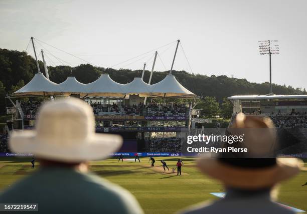 General view of play during the 2nd Metro Bank One Day International match between England and New Zealand at The Ageas Bowl on September 10, 2023 in...