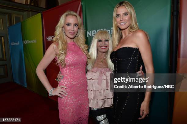 Personalities Lulu Johnson, Betsey Johnson and Heidi Klum attend the NBC Universal Summer 2013 Press Day at Langham Hotel on April 22, 2013 in...