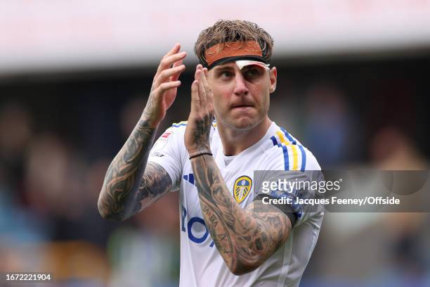 Joe Rodon of Leeds United wears a bandage round his head during the Sky Bet Championship match between Millwall and Leeds United at The Den on...