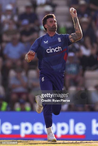 Reece Topley of England bowls during the 2nd Metro Bank One Day International match between England and New Zealand at The Ageas Bowl on September...