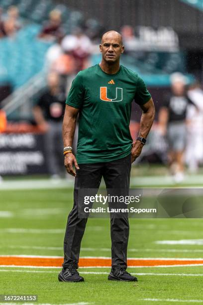 Jason Taylor looks on prior to the game against the Texas A&M Aggies at Hard Rock Stadium on September 09, 2023 in Miami Gardens, Florida.