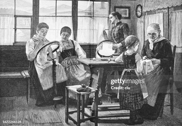 embroiderers in appenzell workinig in living room - appenzell innerrhoden stock illustrations