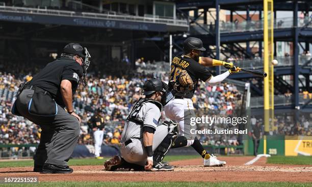 Miguel Andujar of the Pittsburgh Pirates hits a solo home run in the fourth inning during the game against the New York Yankees at PNC Park on...