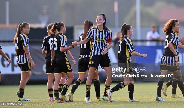 Ginevra Moretti of Juventus Women U19 celebrates a goal with teammates during the match between Juventus Women U19 and Sassuolo Women U19 at Juventus...