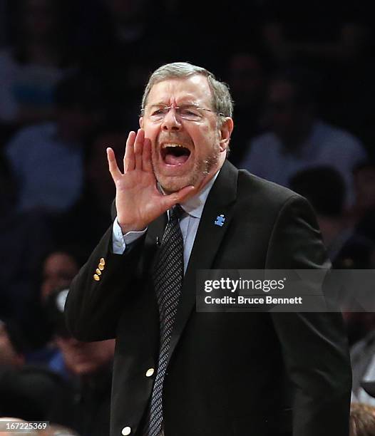 Carlesimo of the Brooklyn Nets gives his players instructions during the first quarter against the Chicago Bulls during Game Two of the Eastern...
