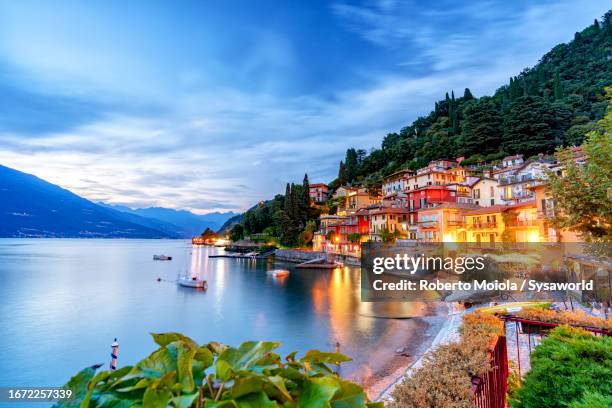 old town of varenna at dusk, lake como - lake como stock pictures, royalty-free photos & images