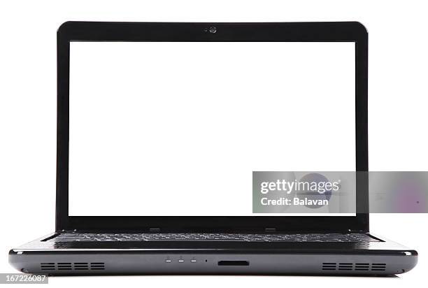 silver and black open laptop on a white background - fully unbuttoned stockfoto's en -beelden