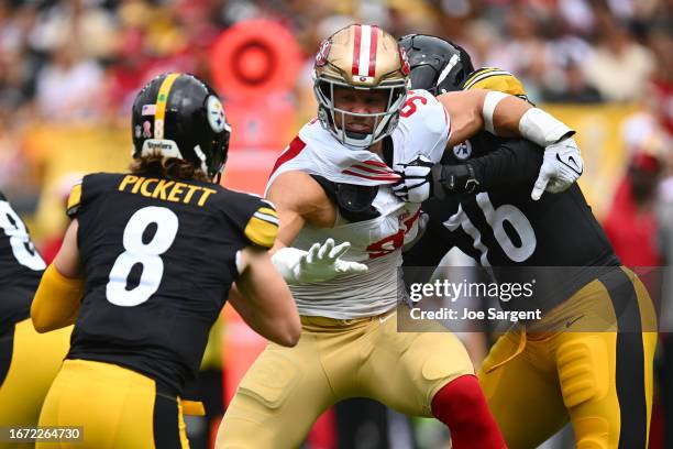 Nick Bosa of the San Francisco 49ers tries to get in to the backfield against Chukwuma Okorafor of the Pittsburgh Steelers in the second quarter of a...