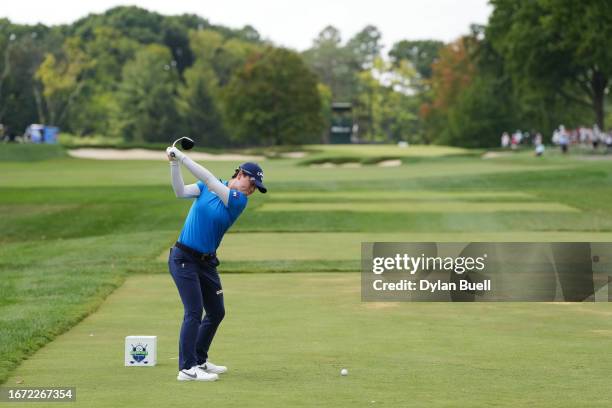 Yuka Saso of Japan plays her shot from the seventh tee during the final round of the Kroger Queen City Championship presented by P&G at Kenwood...