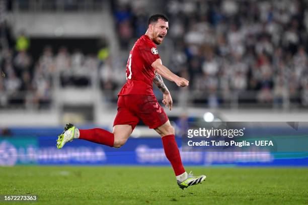 Pierre-Emile Hoejbjerg of Denmark celebrates after scoring the team's first goal during the UEFA EURO 2024 European qualifier match between Finland...