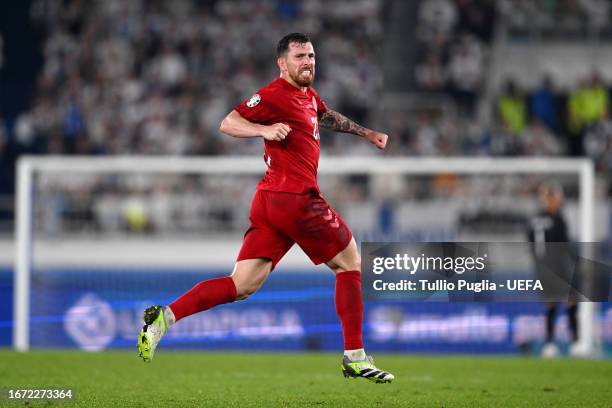 Pierre-Emile Hoejbjerg of Denmark celebrates after scoring the team's first goal during the UEFA EURO 2024 European qualifier match between Finland...