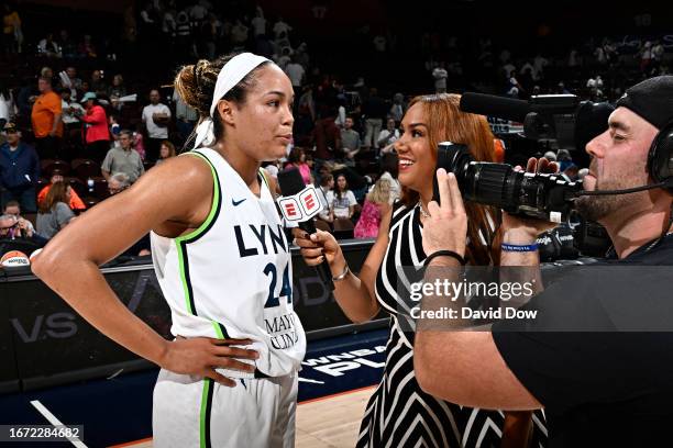 Napheesa Collier of the Minnesota Lynx interviews after the game against the Connecticut Sun on September 17, 2023 at the Mohegan Sun Arena in...